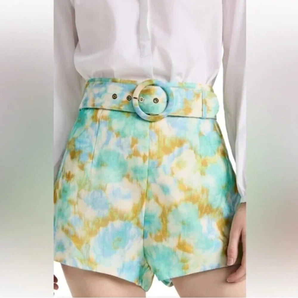 Christian Lacroix Women's Size M High Waist Watercolor Linen Blend Belted Shorts - Picture 2 of 6